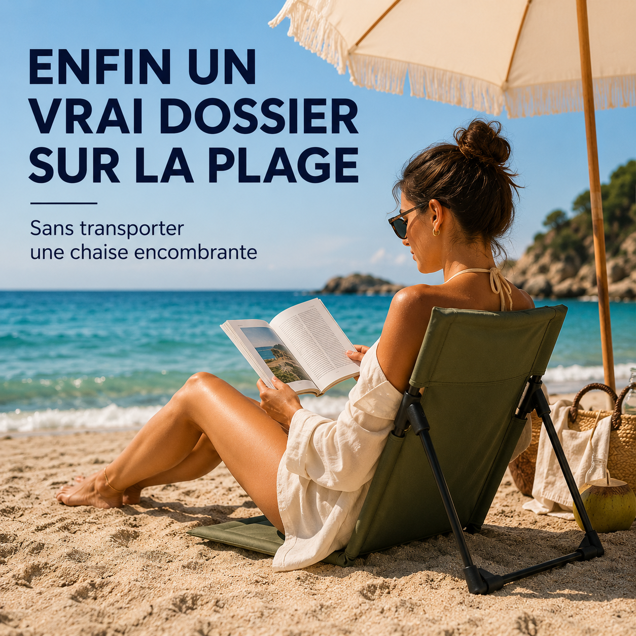 Femme lisant face à la mer sur une chaise de plage pliable kaki avec dossier stable et confortable.