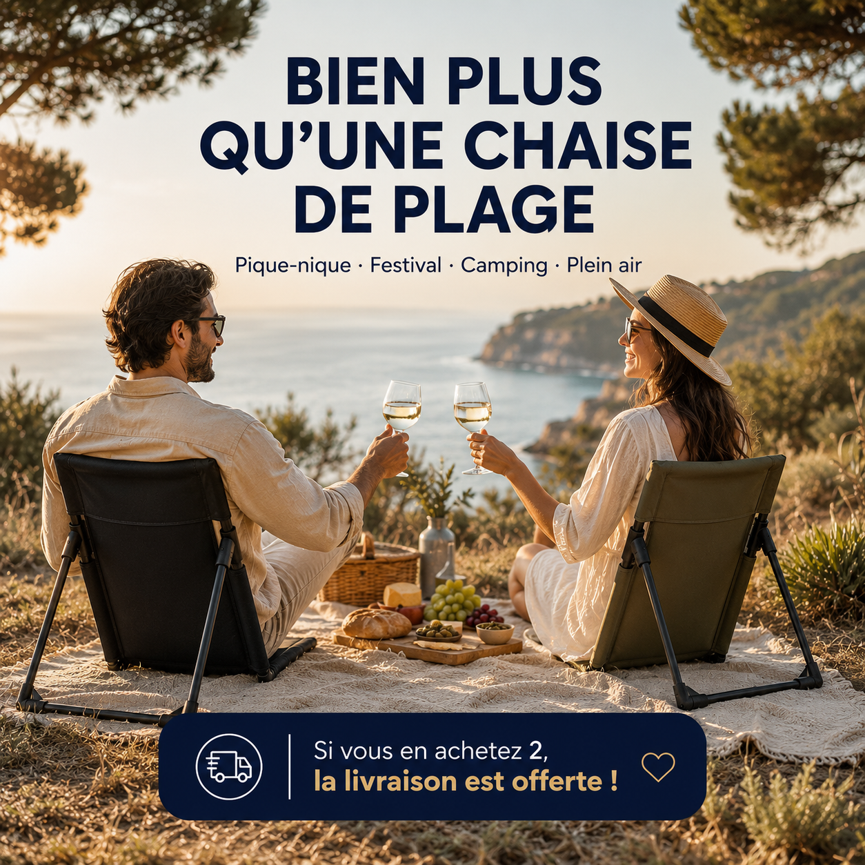 Couple en pique-nique installé sur deux chaises de plage pliables noire et kaki, légères et faciles à transporter.