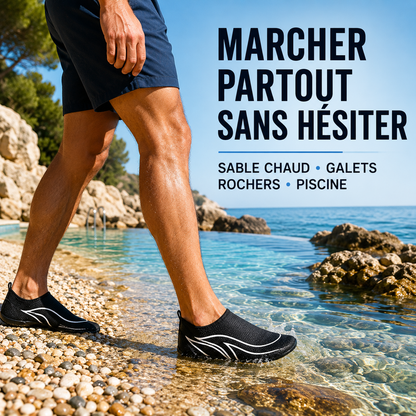 Chaussures de plage design noires pour marcher sur sable chaud, galets, rochers et au bord de la piscine.