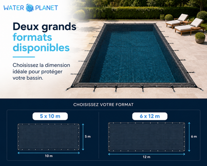 Couverture de piscine Waterplanet disponible en deux grands formats 5 × 10 m et 6 × 12 m