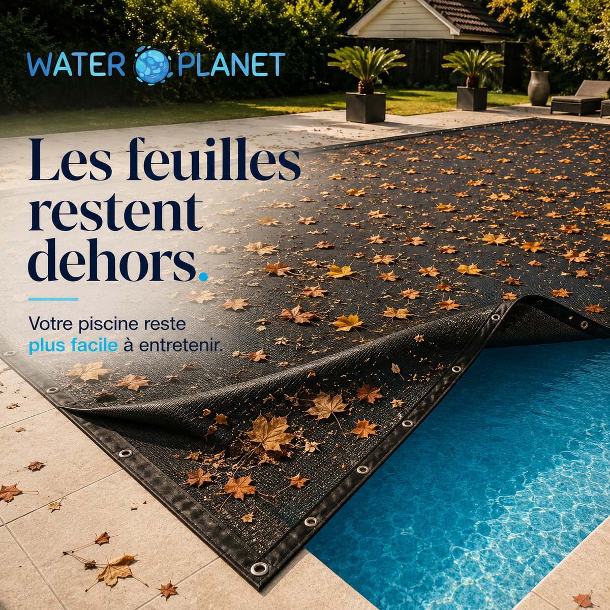 Filet de protection piscine anti-feuilles Waterplanet replié pour montrer une eau propre sous la couverture
