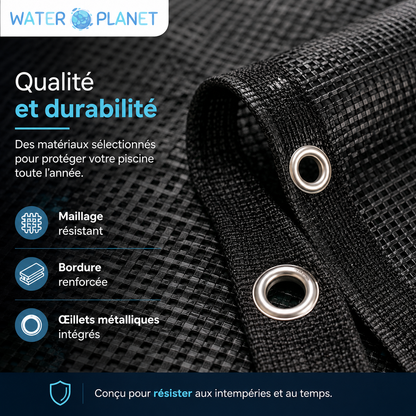 Gros plan sur le filet de protection piscine Waterplanet avec maillage résistant, bordure renforcée et œillets métalliques intégrés
