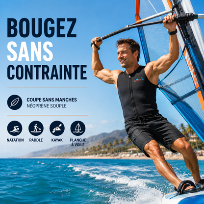 Homme en planche à voile portant un gilet néoprène zippé Blue Dive sans manches pour une grande liberté de mouvement