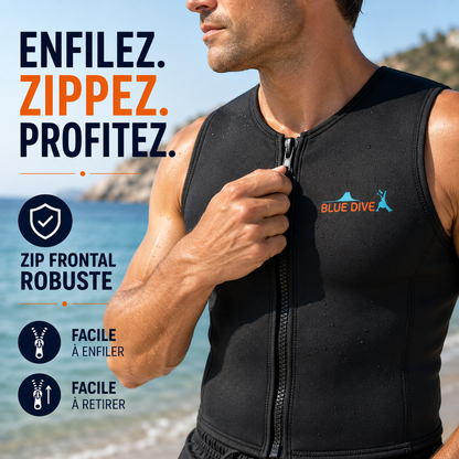 Gilet homme en néoprène Blue Dive avec zip frontal robuste, facile à enfiler et à retirer