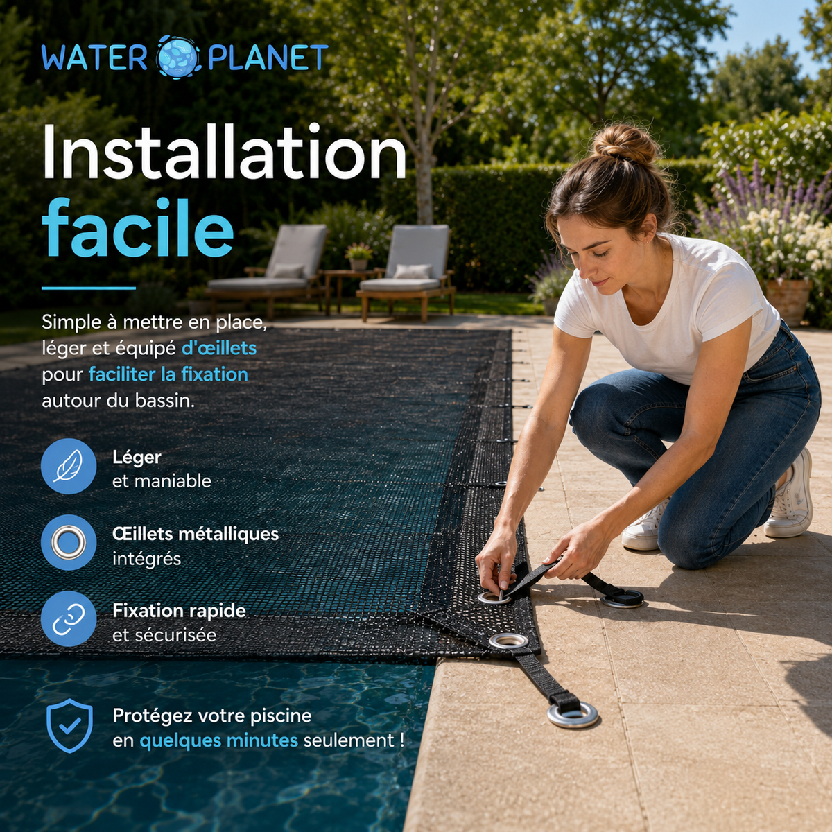 Installation facile du filet de protection piscine Waterplanet avec œillets métalliques autour du bassin