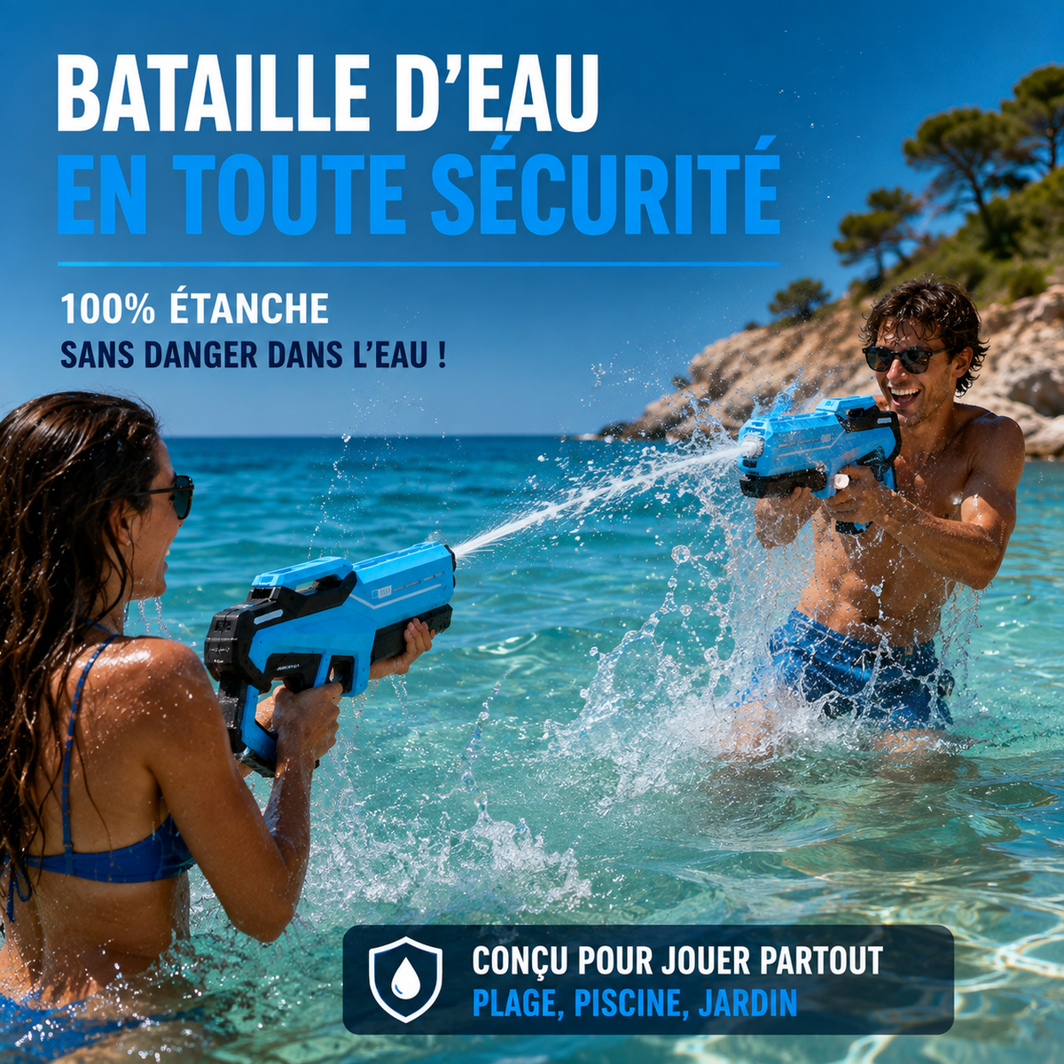 Deux personnes jouent dans l’eau avec des pistolets à eau électriques bleus lors d’une bataille aquatique.