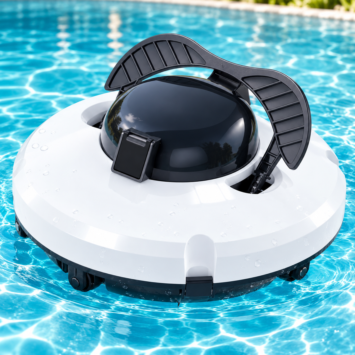 Robot piscine sans fil autonome blanc et noir pour le nettoyage du fond de la piscine