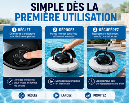 Robot piscine sans fil facile à utiliser avec réglage simple, mise à l’eau et récupération avec crochet