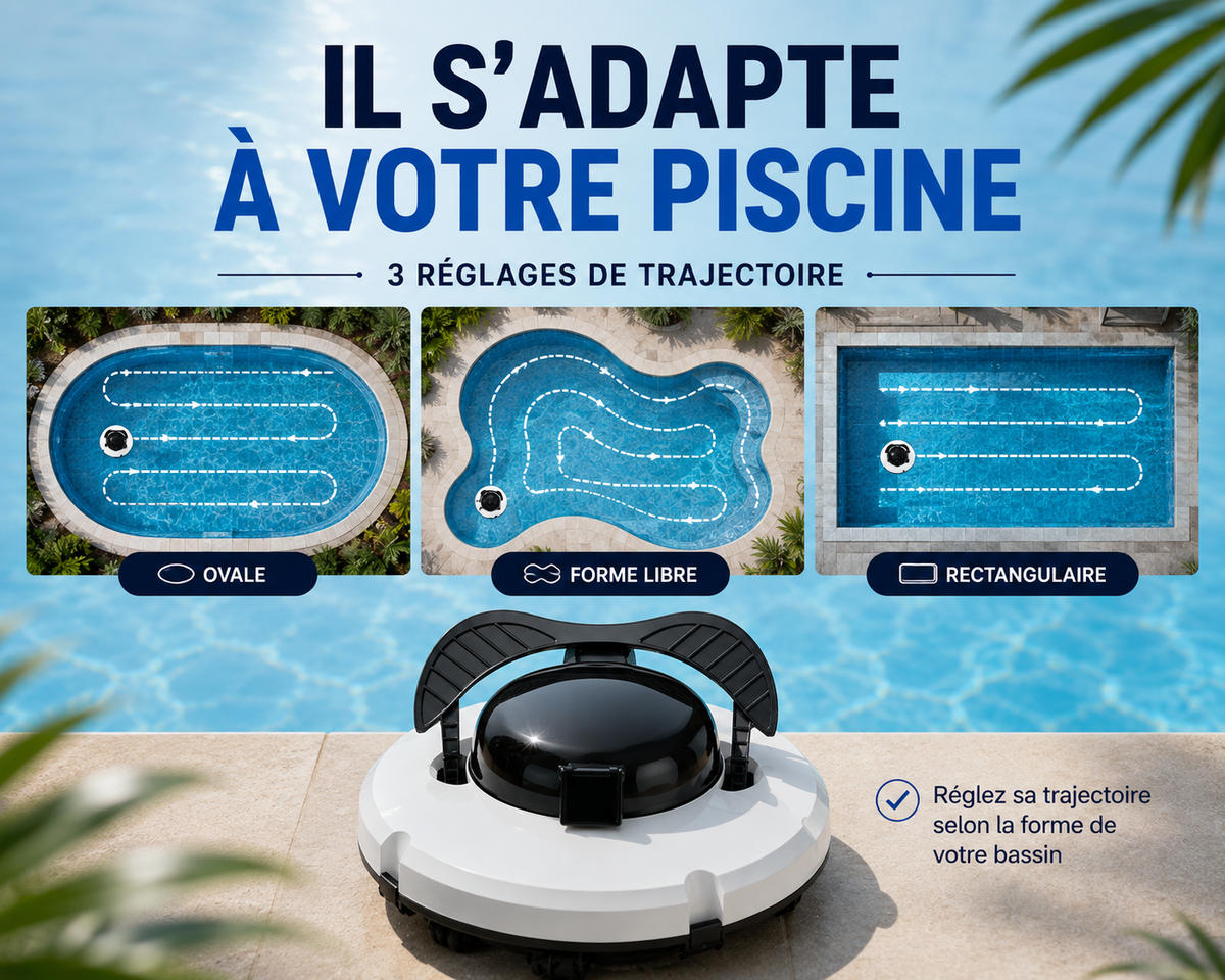 Robot piscine sans fil avec trois réglages de trajectoire adaptés aux piscines ovales, rectangulaires et de forme libre