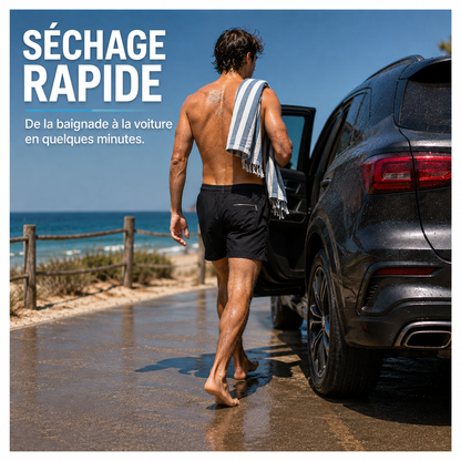 Short de bain homme à séchage rapide avec 2 poches zippées permettant de passer de la baignade à la voiture en quelques minutes.