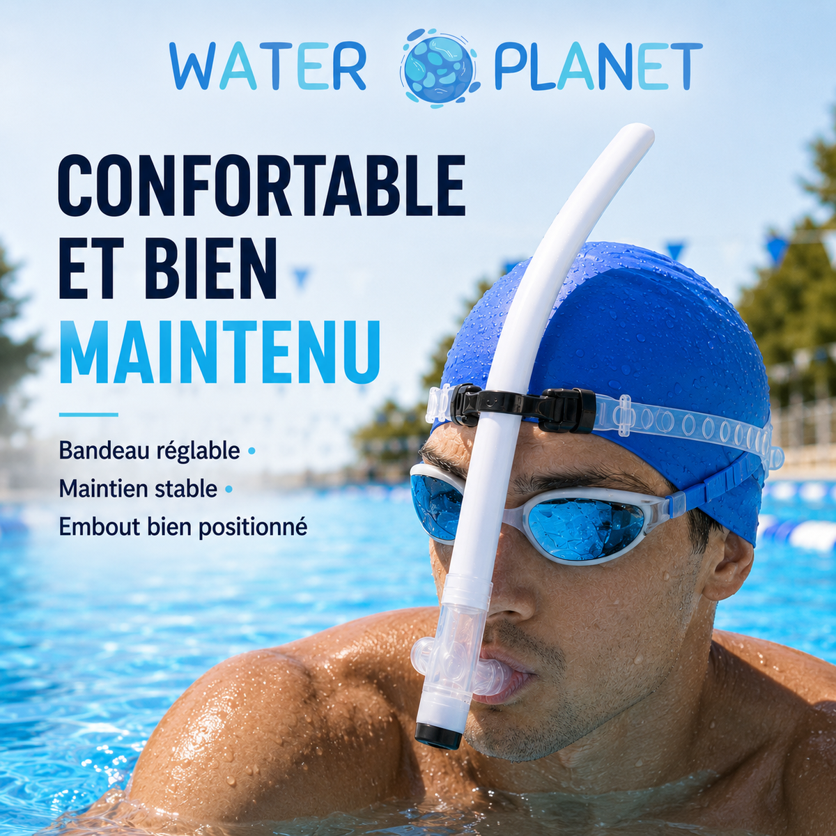 Nageur portant un tuba frontal de natation blanc Waterplanet avec bandeau réglable, maintien stable et embout bien positionné