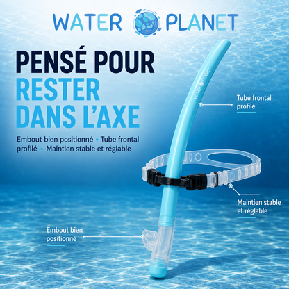 Tuba frontal de natation bleu ciel Waterplanet avec tube profilé, embout bien positionné et maintien stable réglable