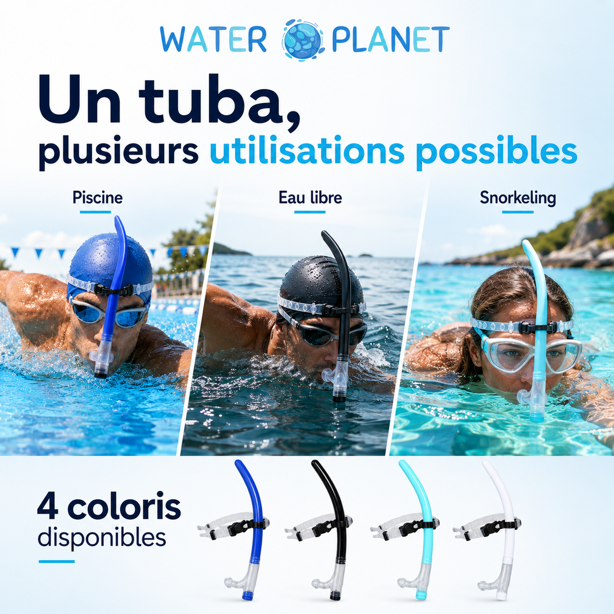Tuba frontal de natation Waterplanet pour piscine, eau libre et snorkeling avec quatre coloris disponibles